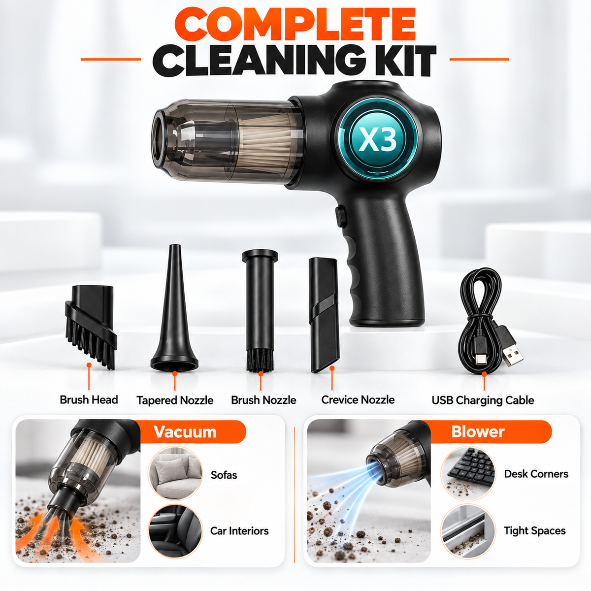 ZamTech Portable 3-in-1 Car Vacuum Cleaner